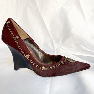 R & R Burgundy Pony Hair Wedges with gold accent